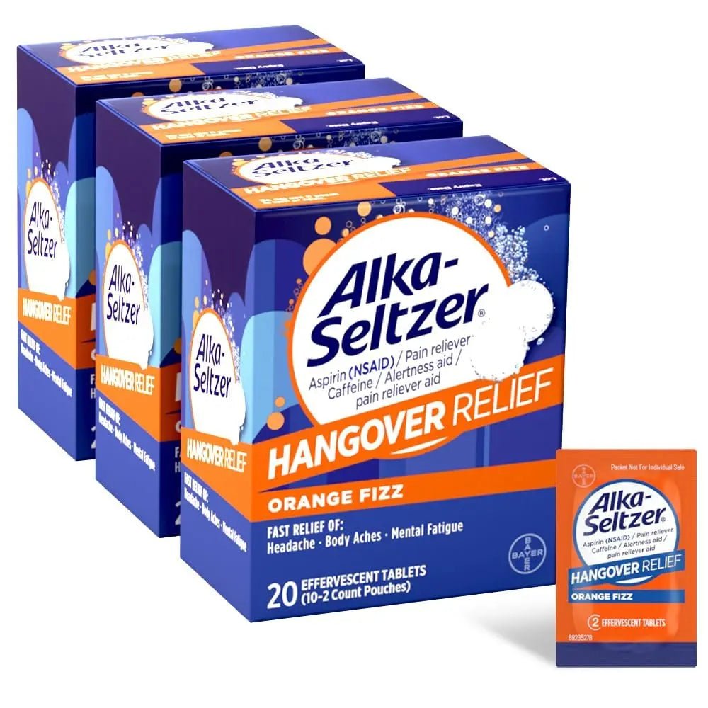 Alka-Seltzer Hangover Relief Tablets, Fast Relief Starts In About 15 Minutes for Headaches, Body Aches & Mental Fatigue, Bachelorette & Bachelor Party Packs 60 Count (3 Boxes, 20 Tablets Each) - Maple Wellness Supplements
