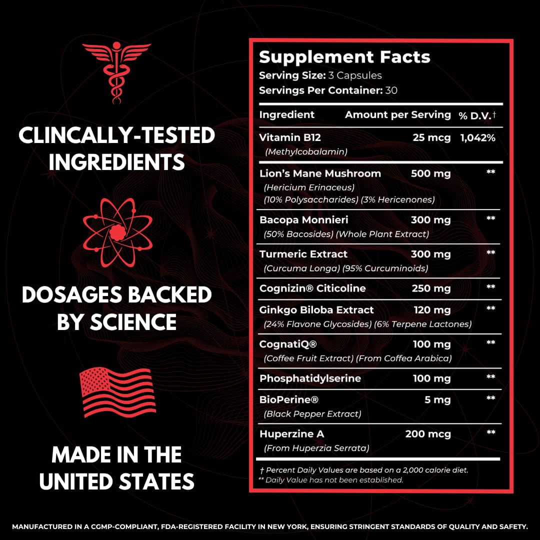 All-Natural Brain Supplement for Memory and Focus - Caffeine-Free Long-Term Cognitive Support - 10 Nootropic Ingredients Including Lion’s Mane, Bacopa, Turmeric, Ginkgo & Huperzine A - 90 Capsules - Maple Wellness Supplements