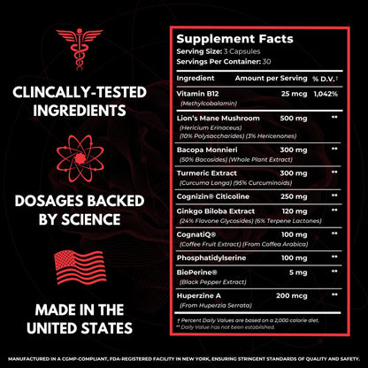 All-Natural Brain Supplement for Memory and Focus - Caffeine-Free Long-Term Cognitive Support - 10 Nootropic Ingredients Including Lion’s Mane, Bacopa, Turmeric, Ginkgo & Huperzine A - 90 Capsules - Maple Wellness Supplements