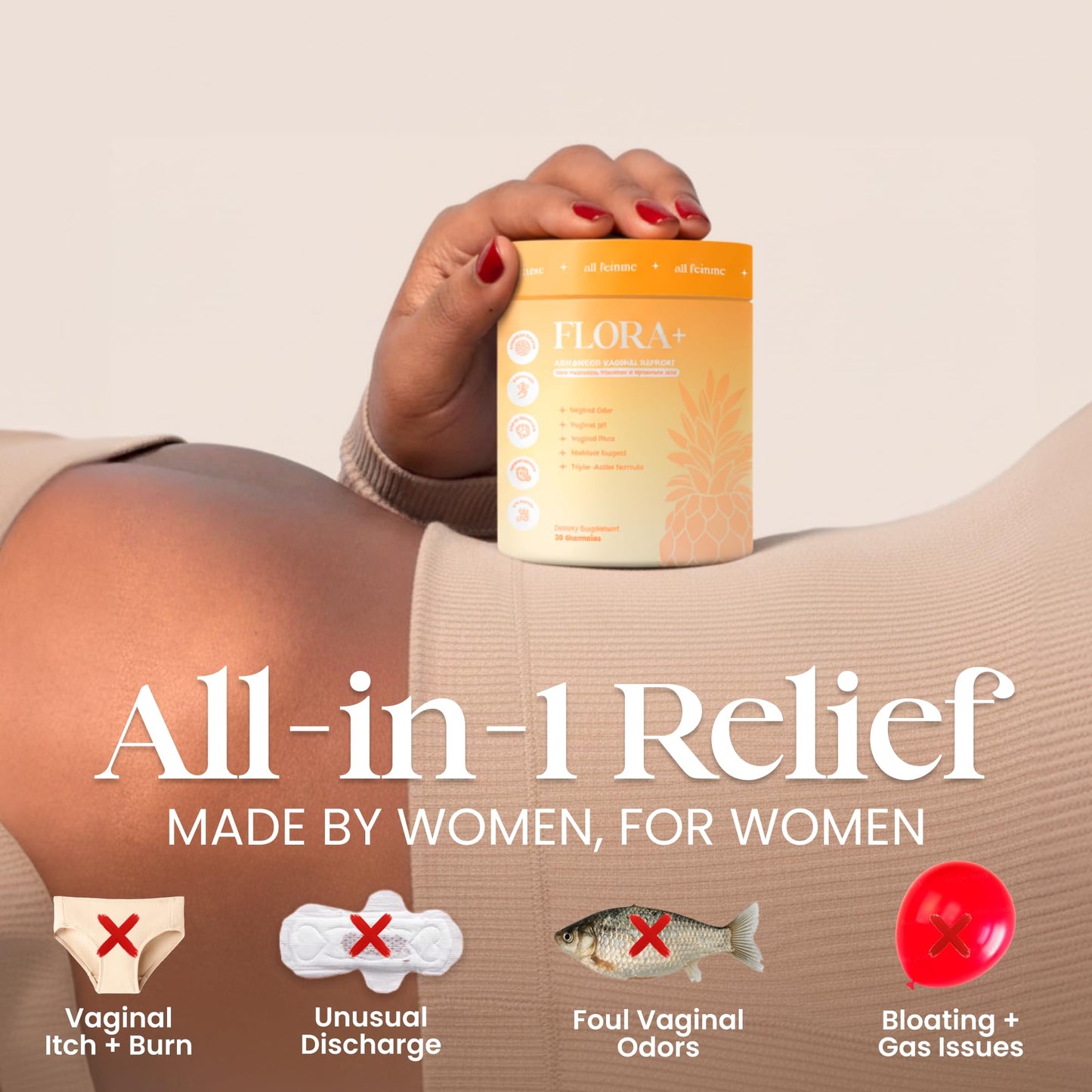 ALLFEMME Flora+ Women’s Vaginal Probiotic Gummies for pH Balance, Odor and Freshness Support with Prebiotics & Hyaluronic Acid - Maple Wellness Supplements