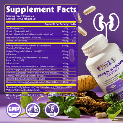 Alliwise Cortisol Supplements for Women & Men - Adrenal Support with Ashwagandha, L-Theanine & Holy Basil for Stress Relief, Mood & Steady Focus - Hormone Balance - 120 Vegan Capsules - Maple Wellness Supplements