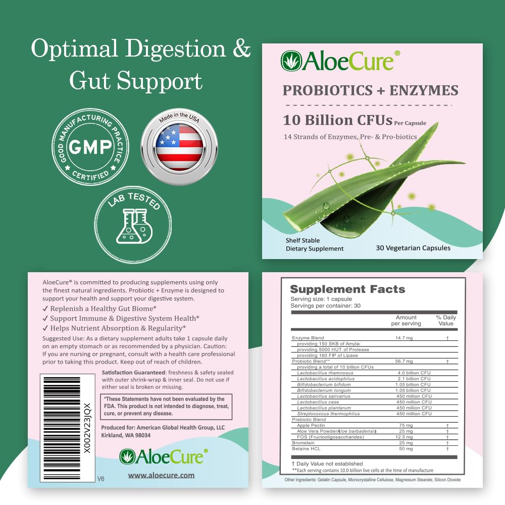 AloeCure Daily Probiotics 10 Billion CFU for Digestive Support 8 Strains, 6 Prebiotics & Enzymes - Digestive Supplement with Bromelain for Women & Men - Maple Wellness Supplements