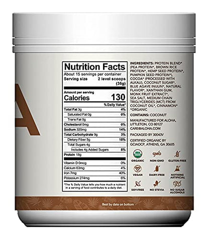 ALOHA Organic Plant Based Protein Powder, Stevia Free, Chocolate, 19.6 oz, 15 Servings - Maple Wellness Supplements