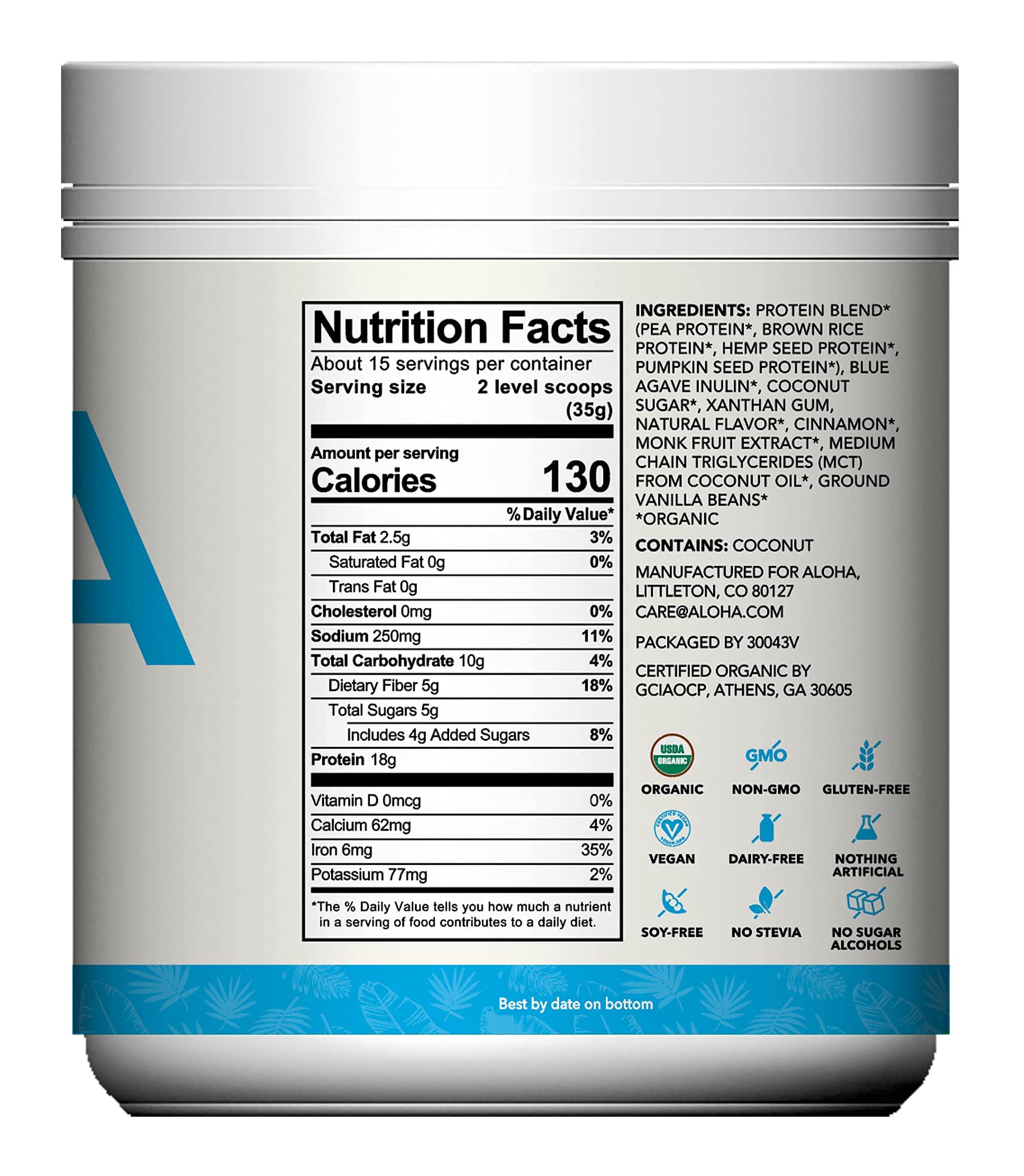 ALOHA Organic Plant Based Protein Powder, Stevia Free, Vanilla, 19.6 oz, 15 Servings PACKAGING MAY VARY - Maple Wellness Supplements