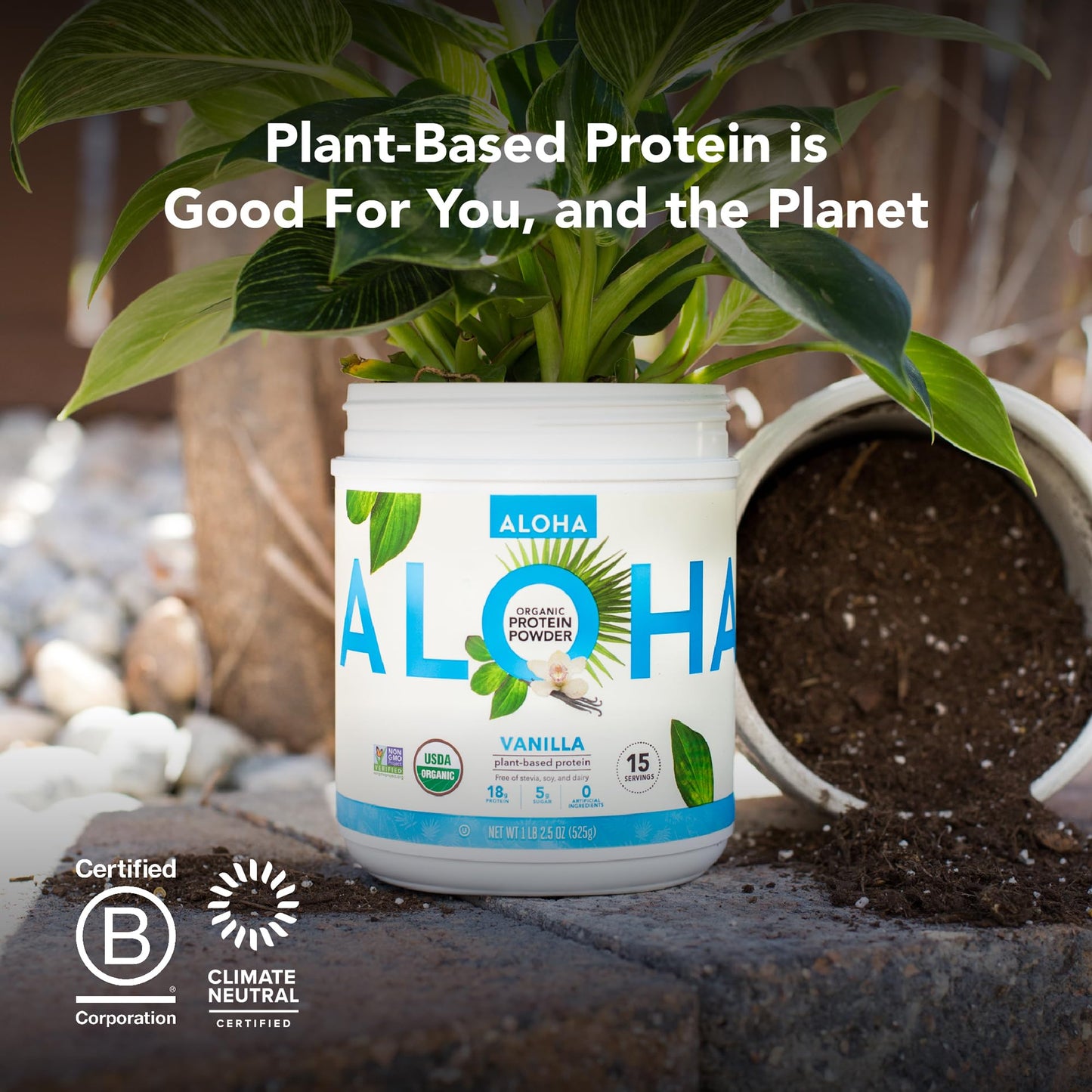 ALOHA Organic Plant Based Protein Powder, Stevia Free, Vanilla, 19.6 oz, 15 Servings PACKAGING MAY VARY - Maple Wellness Supplements