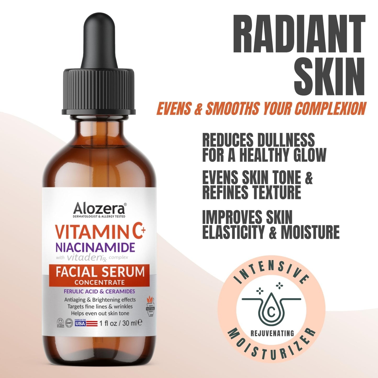 Alozera Vitamin C Facial Serum with Niacinamide & Ferulic Acid, Anti-Aging Serum for Visible Brightening, Glowing & Radiant Skin, Concentrated, Gentle & Effective, Day & Night - Maple Wellness Supplements