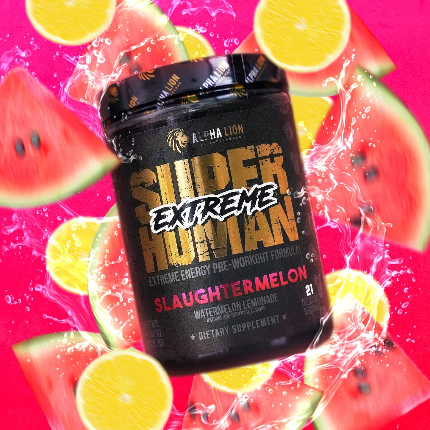 ALPHA LION Superhuman Extreme High Stim Pre Workout Powder, Beta Alanine, L-Taurine & 356mg Tri-Source Caffeine for Sustained Energy, Nitric Oxide & Citrulline for Pump (21 Servings, Slaughtermelon) - Maple Wellness Supplements