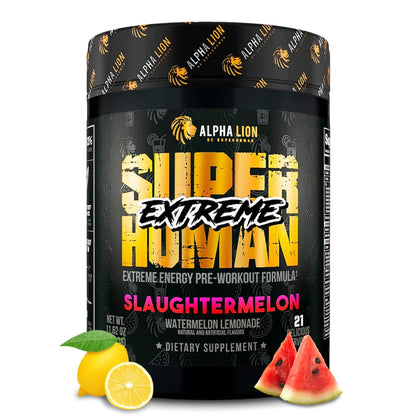 ALPHA LION Superhuman Extreme High Stim Pre Workout Powder, Beta Alanine, L-Taurine & 356mg Tri-Source Caffeine for Sustained Energy, Nitric Oxide & Citrulline for Pump (21 Servings, Slaughtermelon) - Maple Wellness Supplements