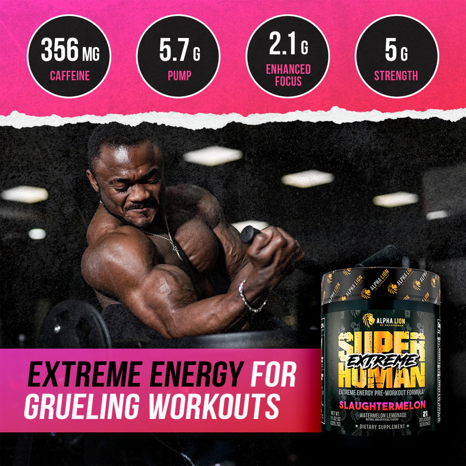 ALPHA LION Superhuman Extreme High Stim Pre Workout Powder, Beta Alanine, L-Taurine & 356mg Tri-Source Caffeine for Sustained Energy, Nitric Oxide & Citrulline for Pump (21 Servings, Slaughtermelon) - Maple Wellness Supplements