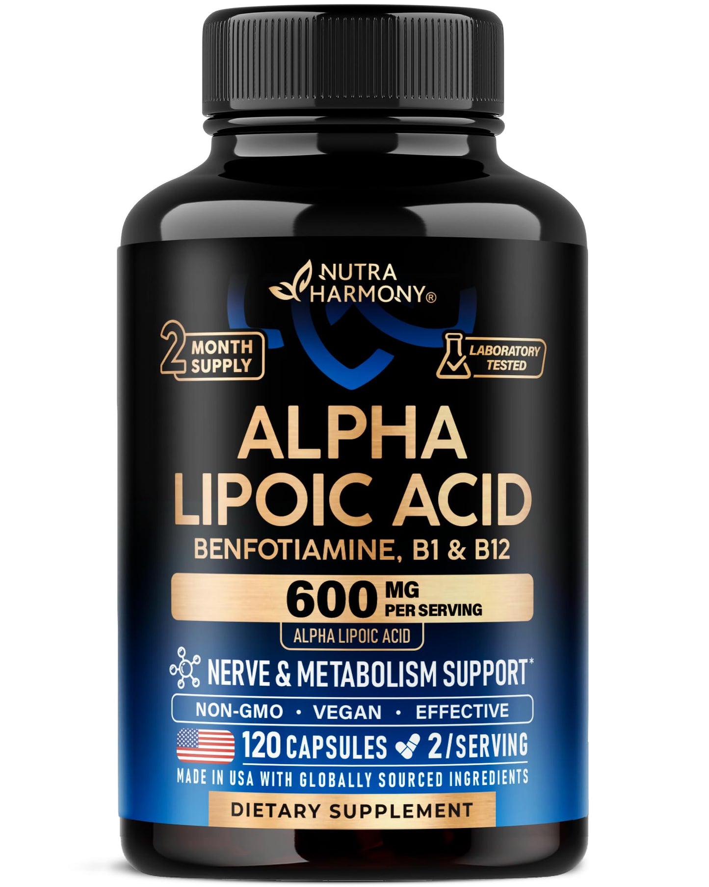 Alpha Lipoic Acid 600mg - ALA Supplement Antioxidant for Nerve, Energy & Metabolism Support - Extra Strength with Benfotiamine, B1 & B12 - Lab Tested, NON-GMO & Vegan - Maple Wellness Supplements