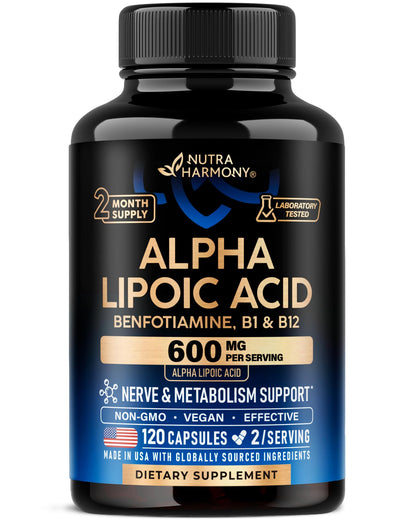 Alpha Lipoic Acid 600mg - ALA Supplement Antioxidant for Nerve, Energy & Metabolism Support - Extra Strength with Benfotiamine, B1 & B12 - Lab Tested, NON-GMO & Vegan - Maple Wellness Supplements