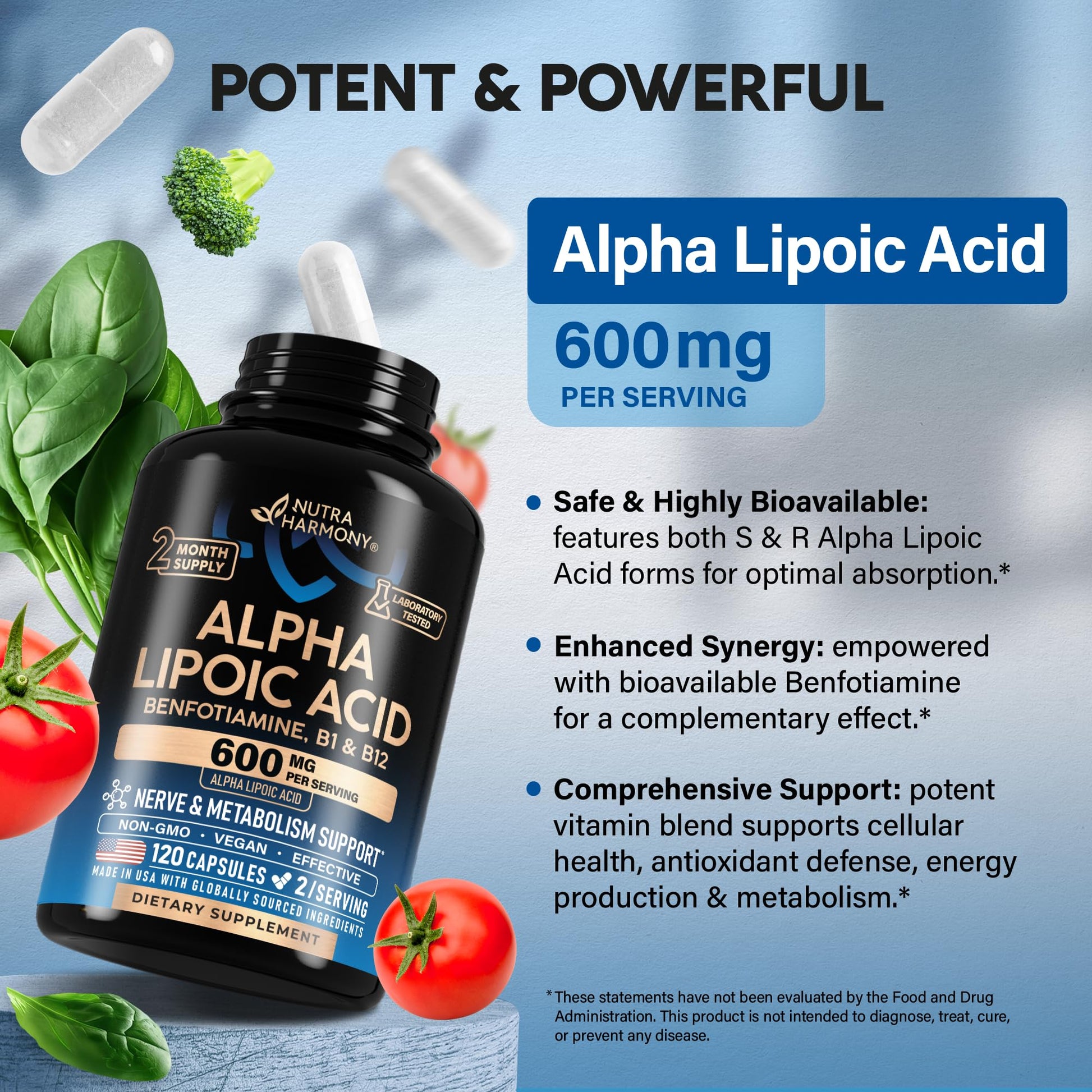 Alpha Lipoic Acid 600mg - ALA Supplement Antioxidant for Nerve, Energy & Metabolism Support - Extra Strength with Benfotiamine, B1 & B12 - Lab Tested, NON-GMO & Vegan - Maple Wellness Supplements