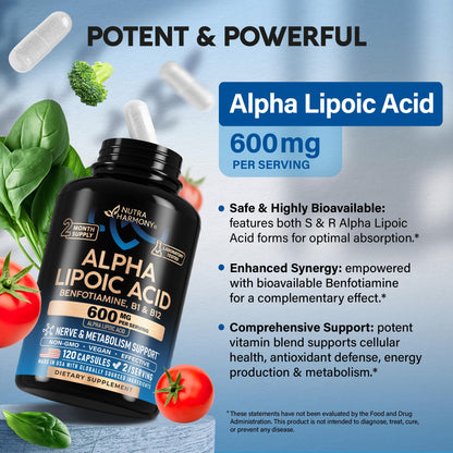 Alpha Lipoic Acid 600mg - ALA Supplement Antioxidant for Nerve, Energy & Metabolism Support - Extra Strength with Benfotiamine, B1 & B12 - Lab Tested, NON-GMO & Vegan - Maple Wellness Supplements
