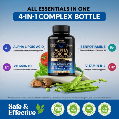 Alpha Lipoic Acid 600mg - ALA Supplement Antioxidant for Nerve, Energy & Metabolism Support - Extra Strength with Benfotiamine, B1 & B12 - Lab Tested, NON-GMO & Vegan - Maple Wellness Supplements