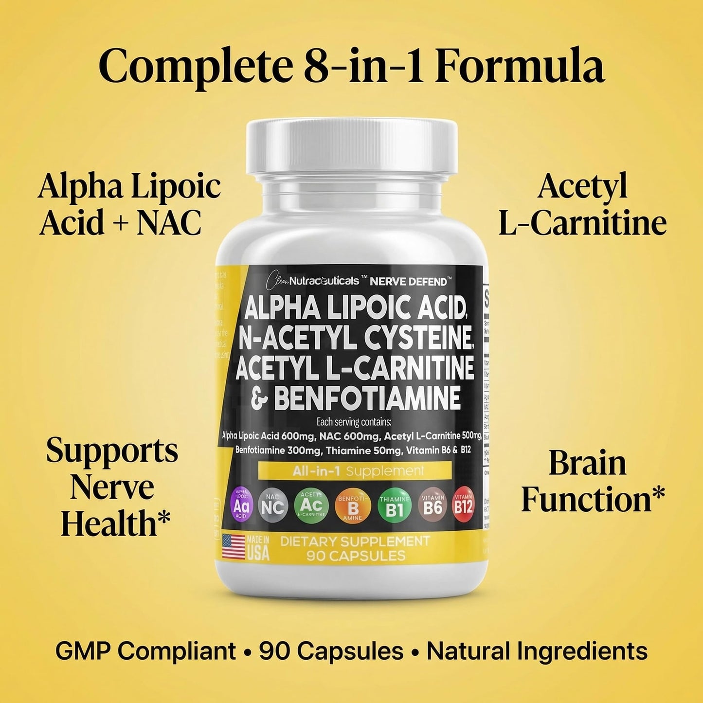 Alpha Lipoic Acid 600mg N-Acetyl Cysteine 600mg Acetyl L-Carnitine 500mg Benfotiamine 300mg - Nerve Support Supplement for Women and Men - Maple Wellness Supplements