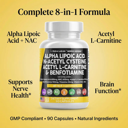 Alpha Lipoic Acid 600mg N-Acetyl Cysteine 600mg Acetyl L-Carnitine 500mg Benfotiamine 300mg - Nerve Support Supplement for Women and Men - Maple Wellness Supplements