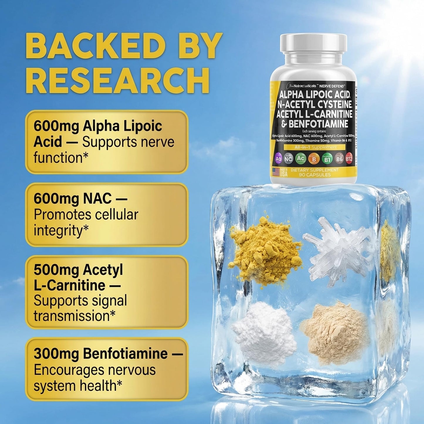 Alpha Lipoic Acid 600mg N-Acetyl Cysteine 600mg Acetyl L-Carnitine 500mg Benfotiamine 300mg - Nerve Support Supplement for Women and Men with Vitamin B1 B6 & B12 - Made in USA 90 Caps - Maple Wellness Supplements