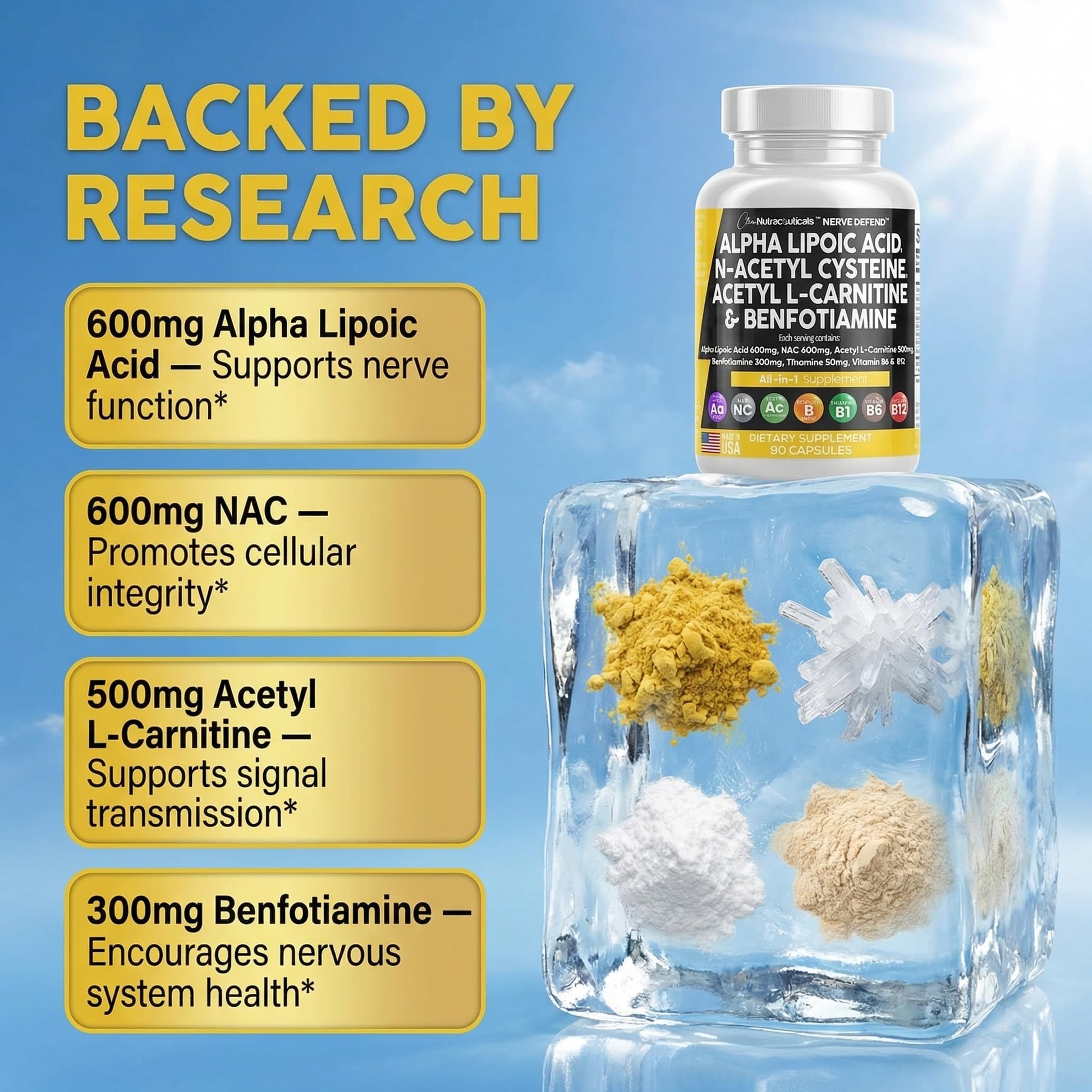 Alpha Lipoic Acid 600mg N-Acetyl Cysteine 600mg Acetyl L-Carnitine 500mg Benfotiamine 300mg - Nerve Support Supplement for Women and Men with Vitamin B1 B6 & B12 - Made in USA 90 Caps - Maple Wellness Supplements