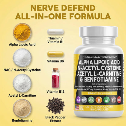 Alpha Lipoic Acid 600mg N-Acetyl Cysteine 600mg Acetyl L-Carnitine 500mg Benfotiamine 300mg - Nerve Support Supplement for Women and Men with Vitamin B1 B6 & B12 - Made in USA 90 Caps - Maple Wellness Supplements