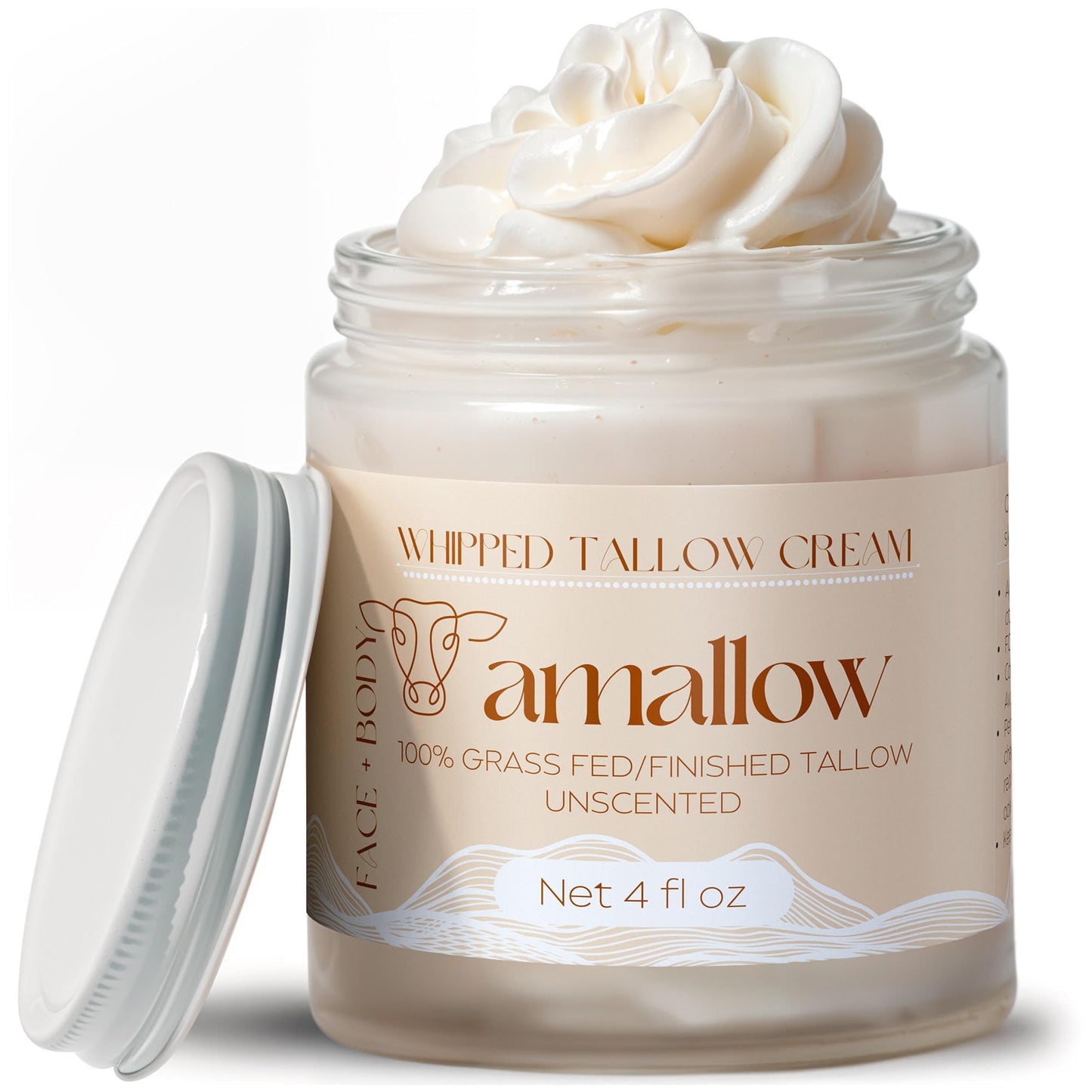 Amallow 100% Grass Fed Beef Tallow for Skin Care - Face + Body - Whipped Moisturizer for Sensitive Skin - Natural Lotion, 4 FL. oz. (Unscented) - Maple Wellness Supplements