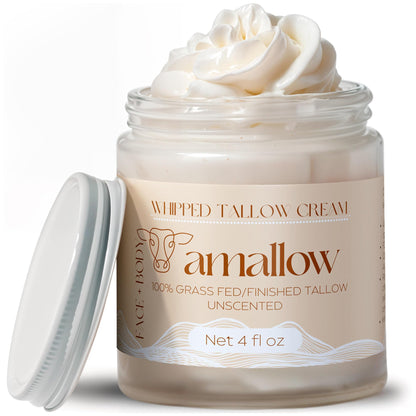 Amallow 100% Grass Fed Beef Tallow for Skin Care - Face + Body - Whipped Moisturizer for Sensitive Skin - Natural Lotion, 4 FL. oz. (Unscented) - Maple Wellness Supplements
