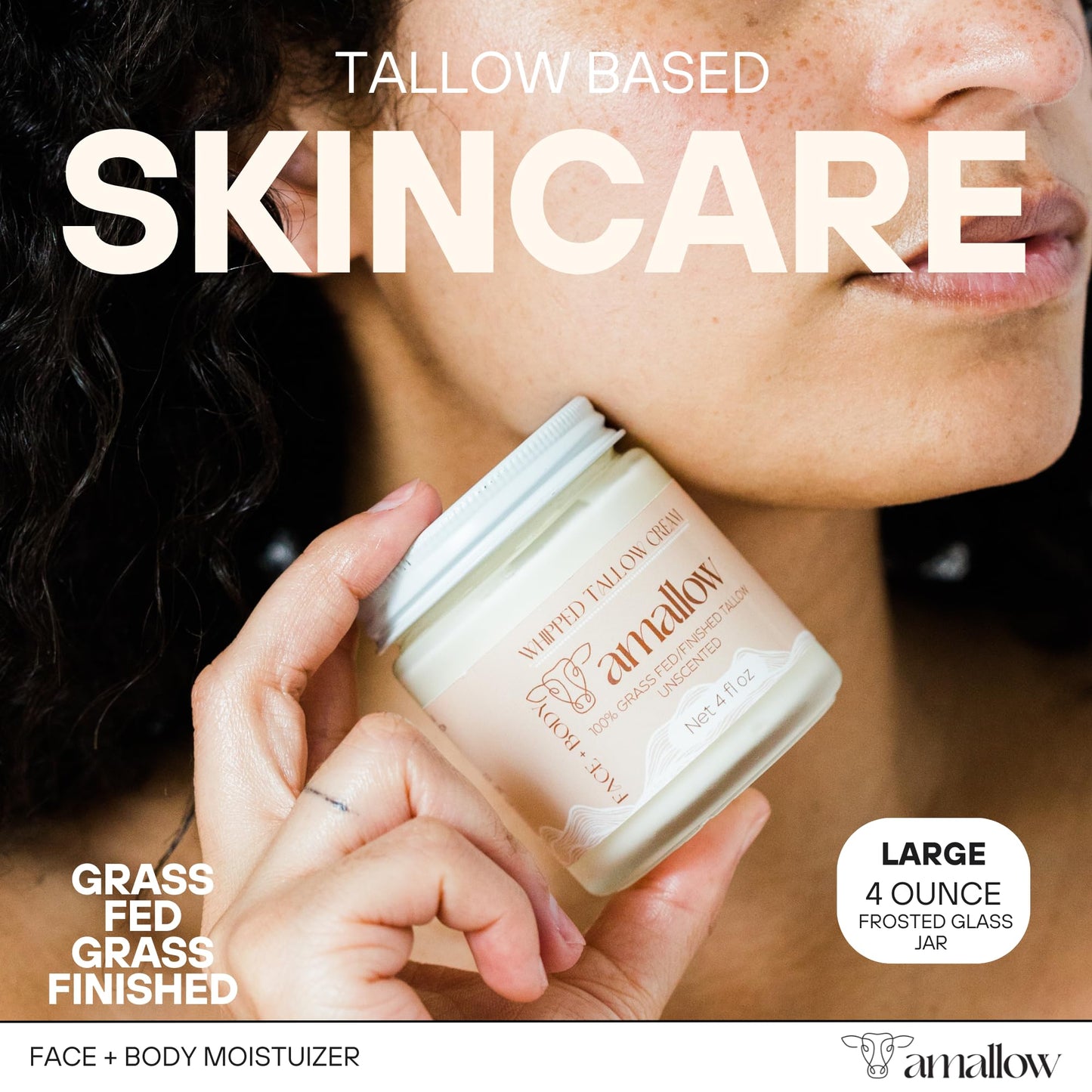 Amallow 100% Grass Fed Beef Tallow for Skin Care - Face + Body - Whipped Moisturizer for Sensitive Skin - Natural Lotion, 4 FL. oz. (Unscented) - Maple Wellness Supplements