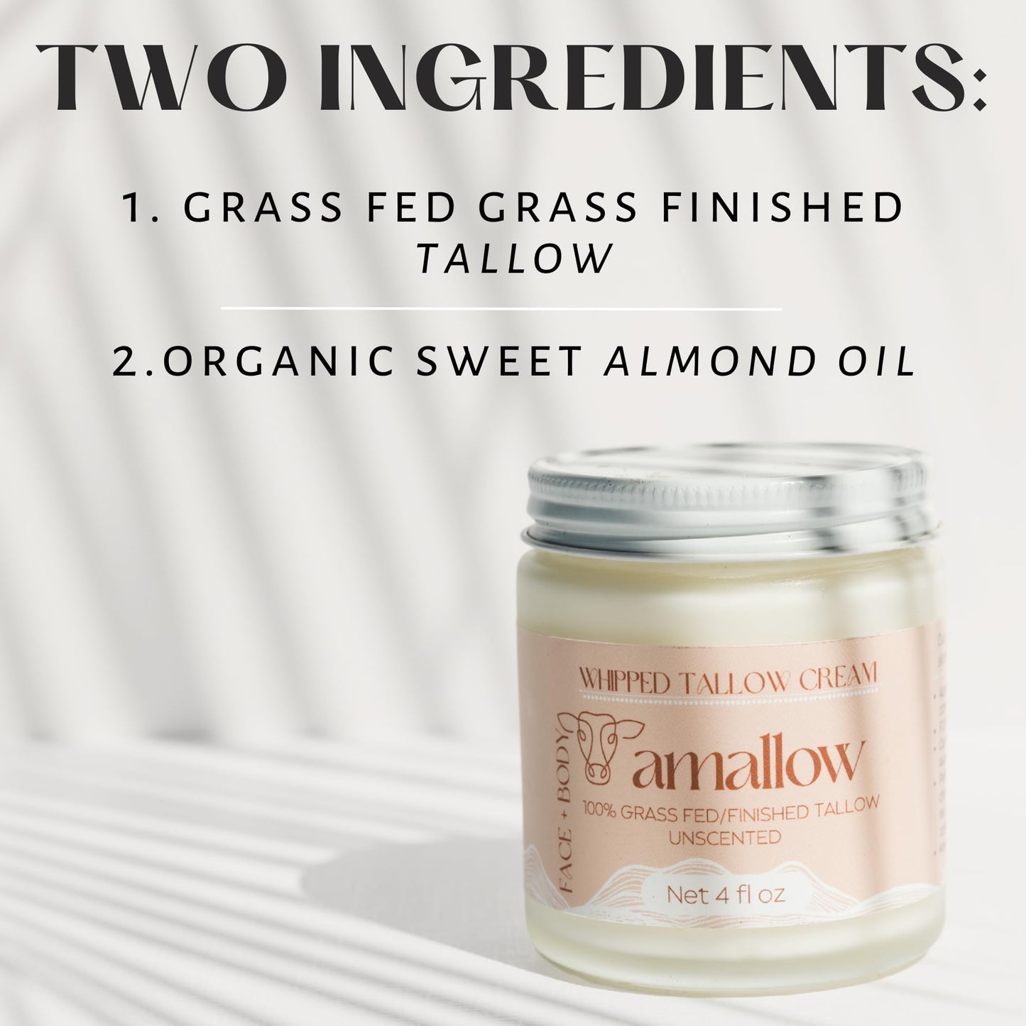 Amallow 100% Grass Fed Beef Tallow for Skin Care - Face + Body - Whipped Moisturizer for Sensitive Skin - Natural Lotion, 4 FL. oz. (Unscented) - Maple Wellness Supplements