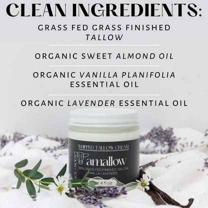 Amallow 100% Grass Fed Beef Tallow for Skin Care - Face + Body - Whipped Moisturizer - Natural Lotion, 4 FL. oz. (Vanilla Lavender) - Maple Wellness Supplements