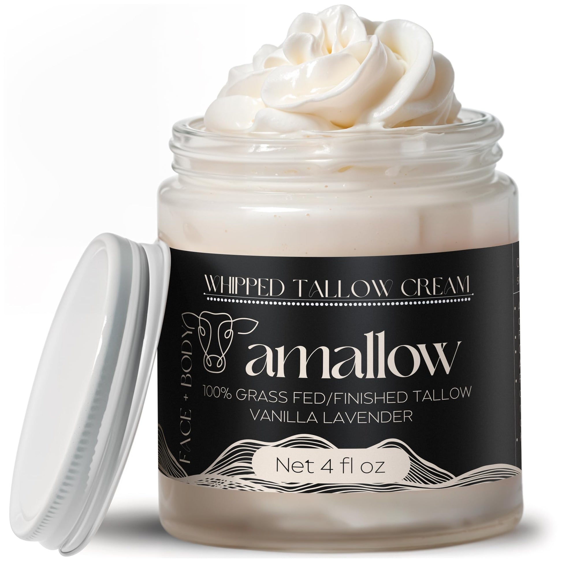 Amallow 100% Grass Fed Beef Tallow for Skin Care - Face + Body - Whipped Moisturizer - Natural Lotion, 4 FL. oz. (Vanilla Lavender) - Maple Wellness Supplements
