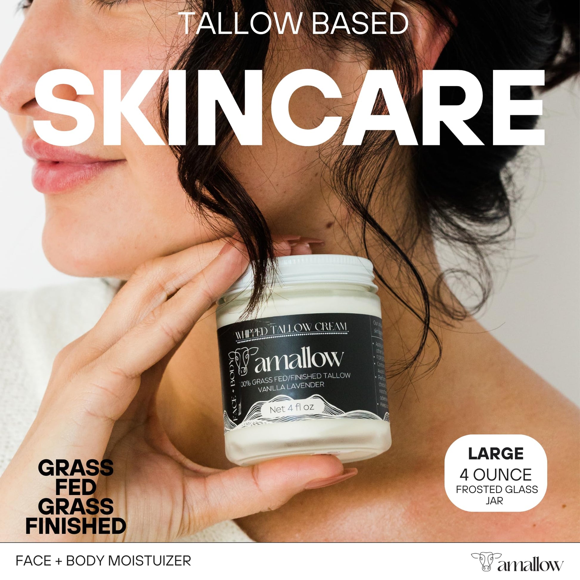 Amallow 100% Grass Fed Beef Tallow for Skin Care - Face + Body - Whipped Moisturizer - Natural Lotion, 4 FL. oz. (Vanilla Lavender) - Maple Wellness Supplements