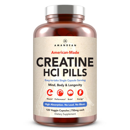 AMANDEAN Creatine HCl Pills. American Made CON-CRET. 120 Capsules. 7X Concentrated vs Monohydrate Powder. No Bloat. Muscle, Energy, Cognitive, Recovery Support for Men & Women. Gluten Free, Non-GMO. - Maple Wellness Supplements