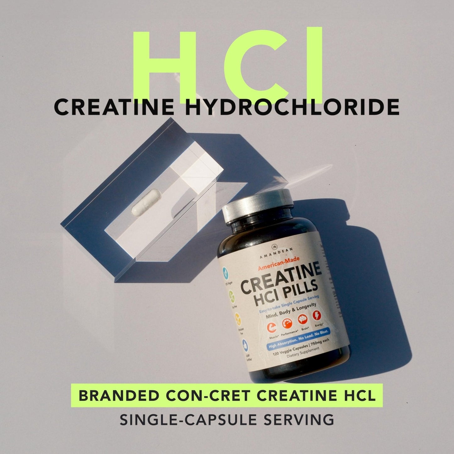 AMANDEAN Creatine HCl Pills. American Made CON-CRET. 120 Capsules. 7X Concentrated vs Monohydrate Powder. No Bloat. Muscle, Energy, Cognitive, Recovery Support for Men & Women. Gluten Free, Non-GMO. - Maple Wellness Supplements