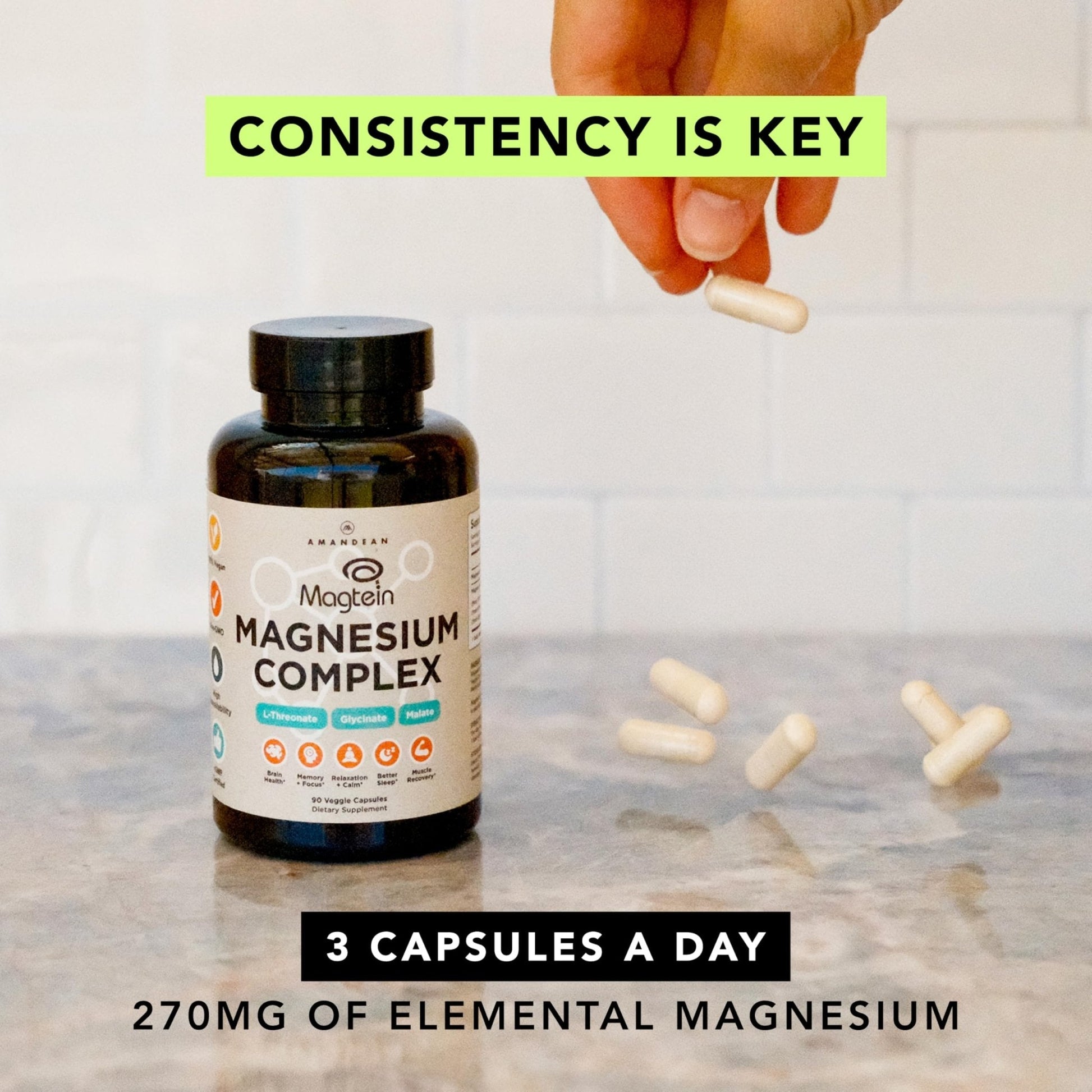 AMANDEAN Magtein Magnesium Complex. L-Threonate, Glycinate, Malate Triple Blend Chelated Magnesium Supplement. 90 Veggie Capsules. High Absorption Branded Ingredients. Brain Health, Sleep, Calm*. - Maple Wellness Supplements