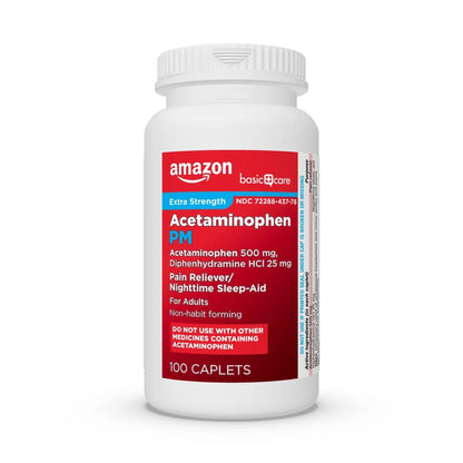 Amazon Basic Care Acetaminophen PM, Pain Reliever Plus Nighttime Sleep Aid, Blue, 100 Count - Maple Wellness Supplements