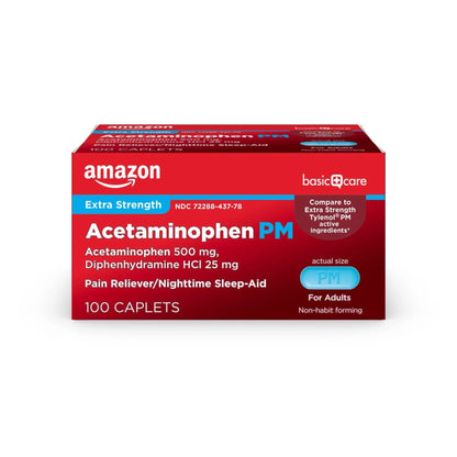 Amazon Basic Care Acetaminophen PM, Pain Reliever Plus Nighttime Sleep Aid, Blue, 100 Count - Maple Wellness Supplements