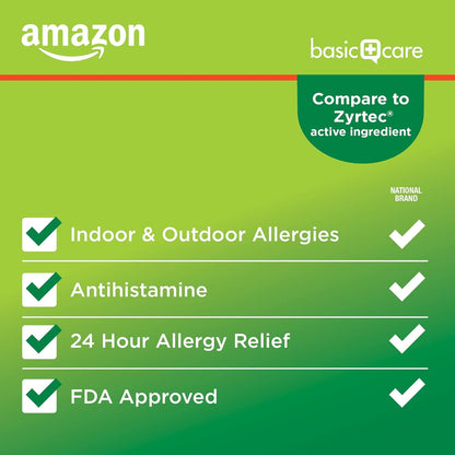 Amazon Basic Care All Day Allergy, Cetirizine Hydrochloride Tablets, 10 mg, 24-Hour Relief for Sneezing, Runny Nose, Itchy Eyes & Throat, Indoor & Outdoor Allergy Relief, 30 Count - Maple Wellness Supplements