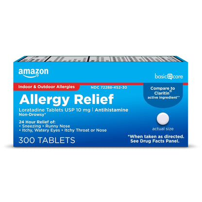 Amazon Basic Care Allergy Relief Loratadine Tablets 10 mg, 24-Hour Non-Drowsy Antihistamine for Runny Nose, Sneezing, Itchy Eyes, 300 Count - Maple Wellness Supplements