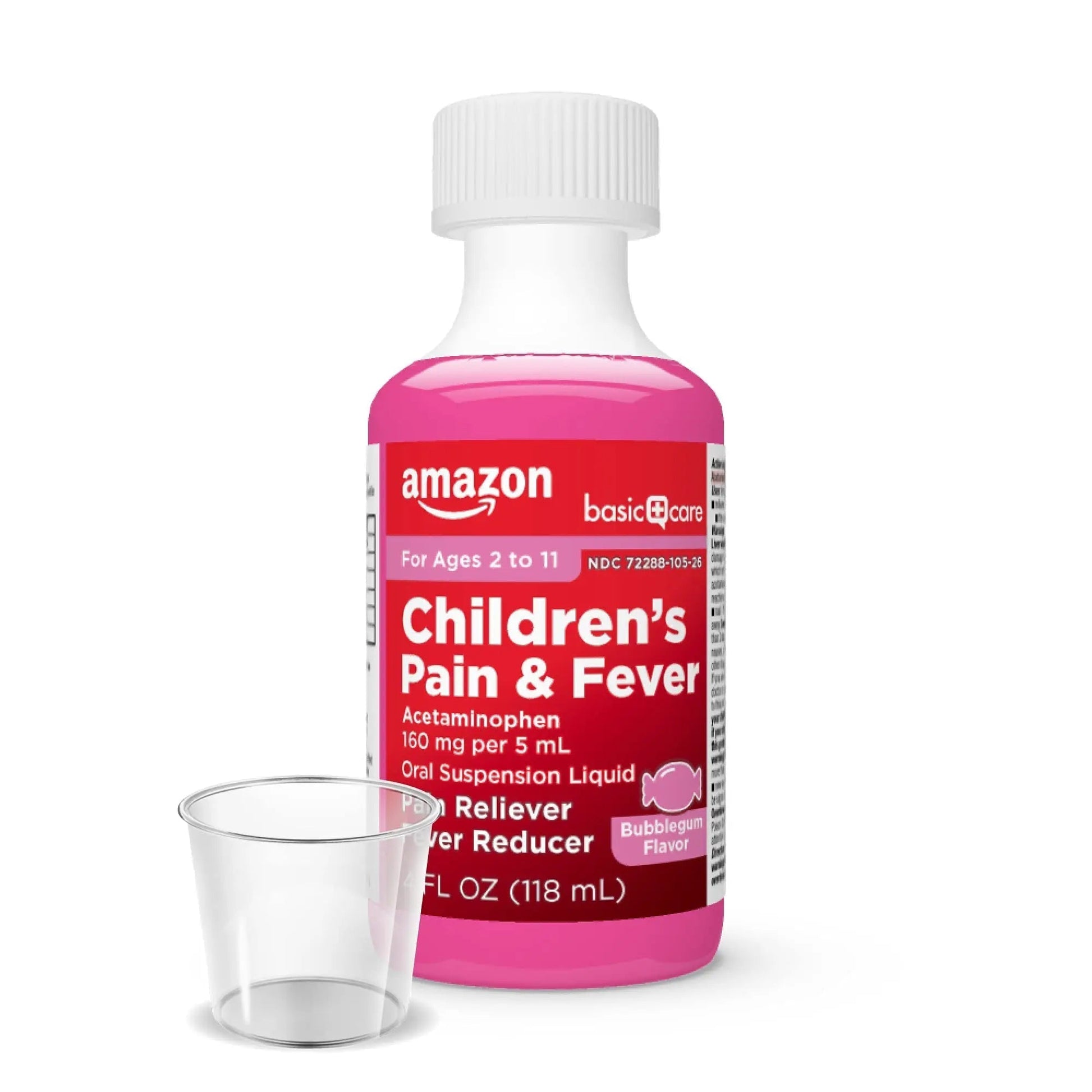 Amazon Basic Care Children's Pain Reliever and Fever Reducer, Acetaminophen 160 mg per 5 ml, Bubblegum Flavor, for Headache and Sore Throat, Ages 2-11 Years, 4 fl oz - Maple Wellness Supplements