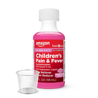 Amazon Basic Care Children's Pain Reliever and Fever Reducer, Acetaminophen 160 mg per 5 ml, Bubblegum Flavor, for Headache and Sore Throat, Ages 2-11 Years, 4 fl oz - Maple Wellness Supplements
