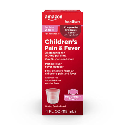 Amazon Basic Care Children's Pain Reliever and Fever Reducer, Acetaminophen 160 mg per 5 ml, Bubblegum Flavor, for Headache and Sore Throat, Ages 2-11 Years, 4 fl oz - Maple Wellness Supplements