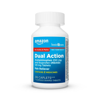 Amazon Basic Care Dual Action Acetaminophen 250 mg and Ibuprofen (NSAID) 125 mg Tablets, Pain Reliever for Headache, Backache, Menstrual Pain, Arthritis Pain Relief, 216 Count - Maple Wellness Supplements