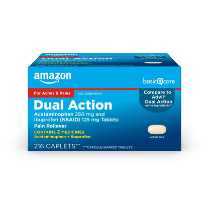 Amazon Basic Care Dual Action Acetaminophen 250 mg and Ibuprofen (NSAID) 125 mg Tablets, Pain Reliever for Headache, Backache, Menstrual Pain, Arthritis Pain Relief, 216 Count - Maple Wellness Supplements
