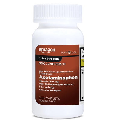 Amazon Basic Care Extra Strength Pain Relief, Acetaminophen Caplets, 500 mg, Pain Reliever/Fever Reducer, 100 Count - Maple Wellness Supplements