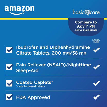 Amazon Basic Care Ibuprofen PM, Ibuprofen 200 mg and Diphenhydramine Citrate 38 mg, Pain Reliever and Nighttime Sleep-Aid, Capsule-Shaped Tablets, 120 Count - Maple Wellness Supplements