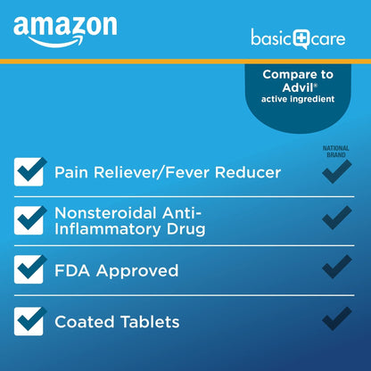 Amazon Basic Care Ibuprofen Tablets, 200 mg, Pain Reliever and Fever Reducer, For Headache, Muscular Aches, Arthritis, Backache, Menstrual Pain, 100 Count (Pack of 1) - Maple Wellness Supplements
