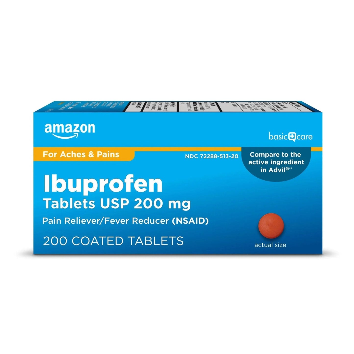 Amazon Basic Care Ibuprofen Tablets, Fever Reducer and Pain Relief from Body Aches, Headache, Arthritis Pain and More, Brown 200 Count - Maple Wellness Supplements