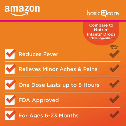 Amazon Basic Care Infants' Ibuprofen Oral Suspension, Pain Reliever and Fever Reducer, 50 mg/1.25 mL, Berry Flavor Concentrated Drops, Dye-Free, 1 fl oz (Pack of 1) - Maple Wellness Supplements