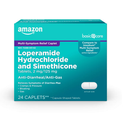 Amazon Basic Care Loperamide Hydrochloride 2 mg and Simethicone 125 mg Tablets, Multi-Symptom Relief, Anti-Diarrheal, Bloating and Cramps, Gas Relief, 24 Count - Maple Wellness Supplements