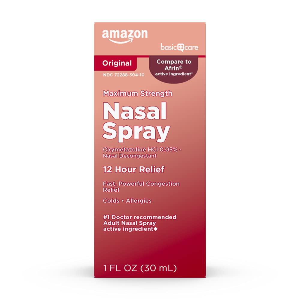 Amazon Basic Care Maximum Strength 12 Hour Nasal Spray, Oxymetazoline HCl Solution, Sinus Pressure Relief, Cold and Allergy Medicine, Decongestant, 1 fl oz (Pack of 1) - Maple Wellness Supplements