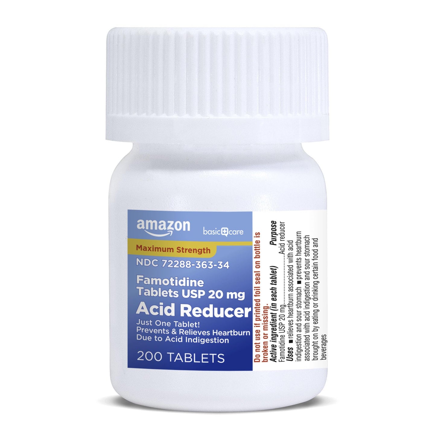 Amazon Basic Care Maximum Strength Famotidine Tablets 20 mg, Acid Reducer for Heartburn Relief, Prevents & Relieves Acid Indigestion, Heartburn Medicine, 12 Hour Protection, 200 Count - Maple Wellness Supplements